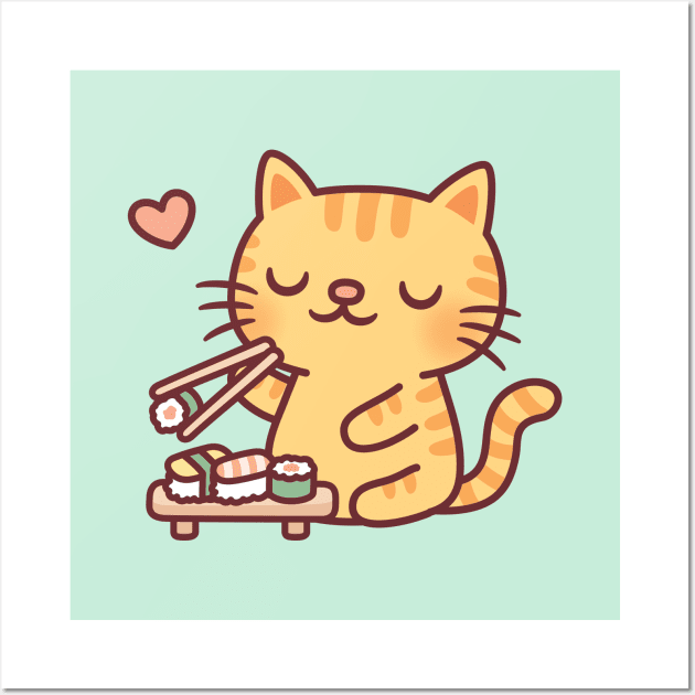 Cute Tabby Cat Loves Japanese Sushi Wall Art by rustydoodle